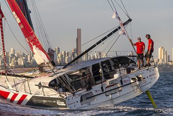 Damien Seguin et Yoann Richomme au départ de la Transat Jacques Vabre